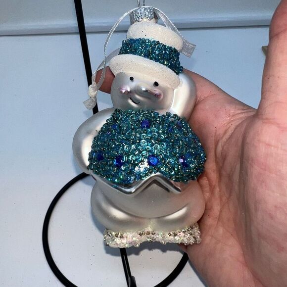 Vintage Glass Hand Painted Beaded Snowman Ornament - Picture 1 of 9